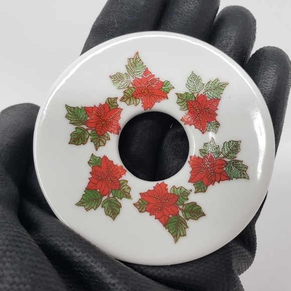 Candle Rings Plates Porcelain Holly Poinsettia Chirstmas Set of 2 - Picture 3 of 16